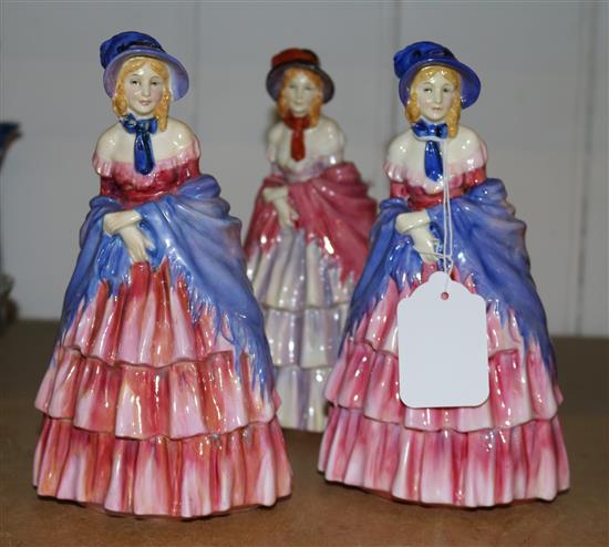 Three Royal Doulton figures, A Victorian Lady HN728 and HN727